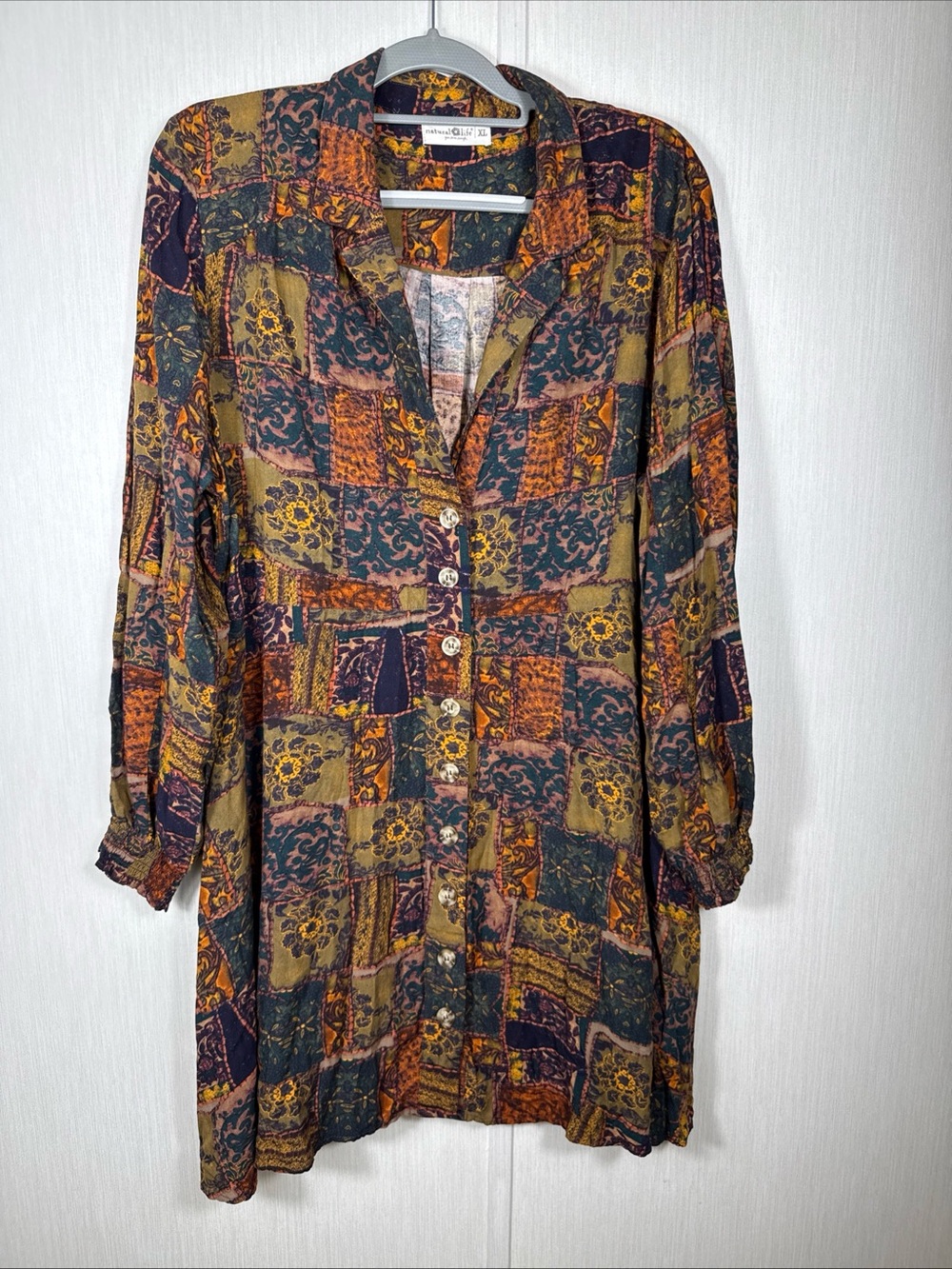 Natural Life XL Twiggy Floral Patchwork Boho Button Up Mini Shirt Dress